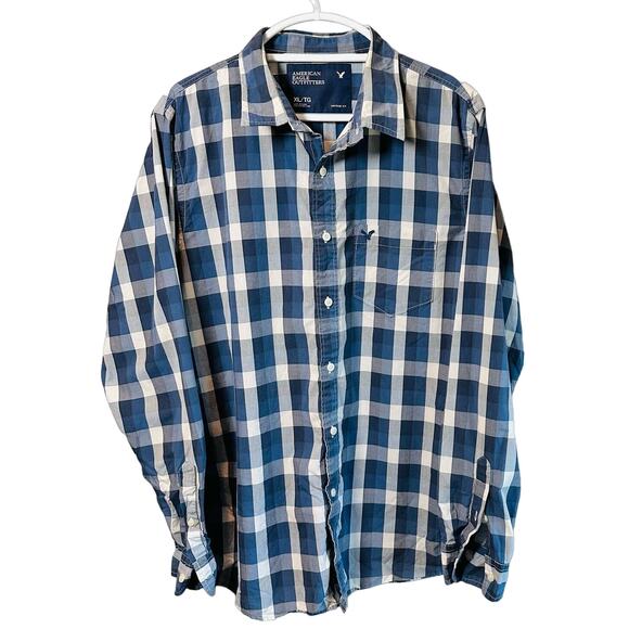 AE Mens Button Up Shirt XL Blue/White Checkered Collared Long Sleeve Vintage Fit - Picture 1 of 5